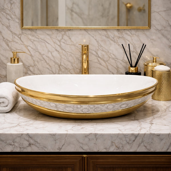 Luxury Gold Detailing Countertop Wash Basin | Designer Table Top Bathroom Basin (24" × 14" × 6" IN) White Gold with Print