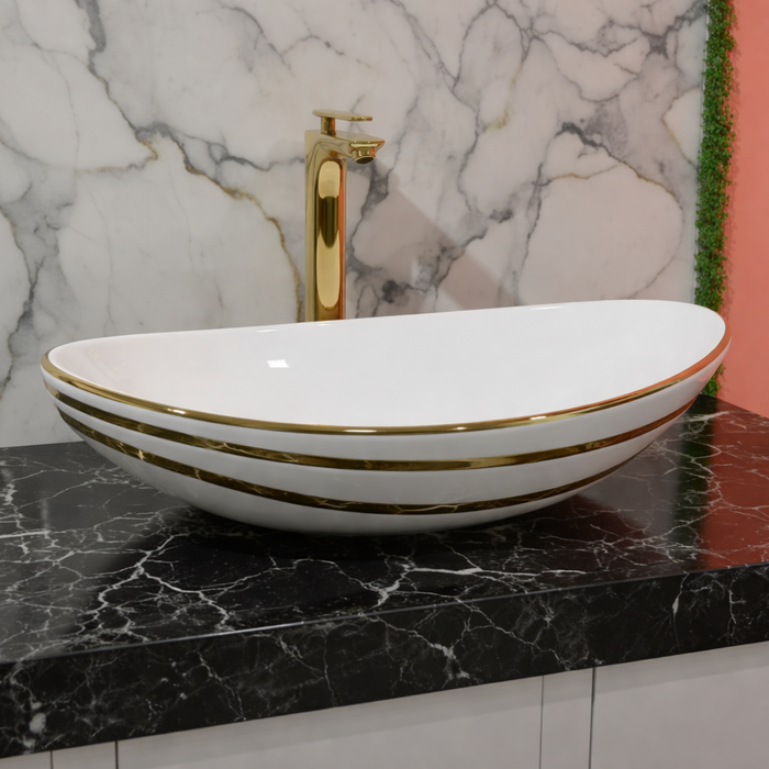 Luxury Gold Detailing Countertop Wash Basin | Designer Table Top Bathroom Basin (24" × 14" × 6" IN)