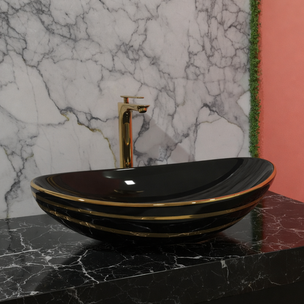 Luxury Gold Detailing Countertop Wash Basin | Designer Table Top Bathroom Basin (24" × 14" × 6" IN) Black Gold stripes