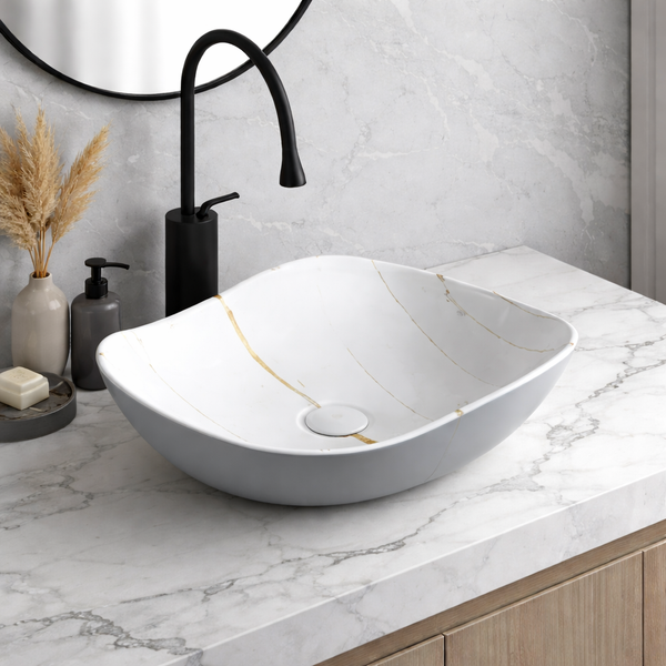 Premium Designer Ceramic Table Top Wash Basin, Matt Marble Finish (20 x 16 x 6.5 In) Grey