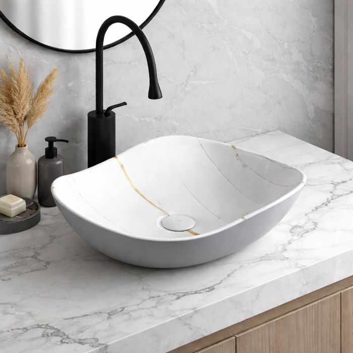 Premium Designer Ceramic Table Top Wash Basin, Matt Marble Finish (20 x 16 x 6.5 In)