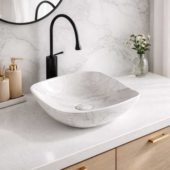 Premium Designer Ceramic Table Top Wash Basin, Glossy Marble Finish (16 x 16 x 6.5 In) EQP-1054