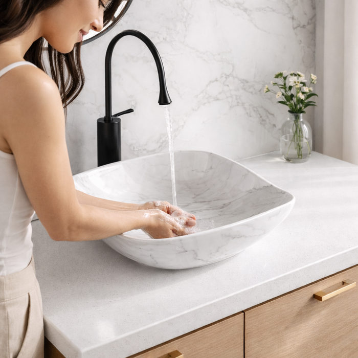 Premium Designer Ceramic Table Top Wash Basin, Glossy Marble Finish (16 x 16 x 6.5 In) EQP-1054