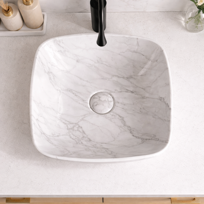 Premium Designer Ceramic Table Top Wash Basin, Glossy Marble Finish (16 x 16 x 6.5 In) EQP-1054