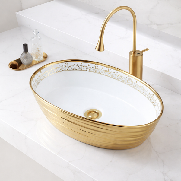 Premium Designer Ceramic Table Top Wash Basin, Black, Gold & Rose Gold Finish (22 x 14 x 6.5 In) Gold