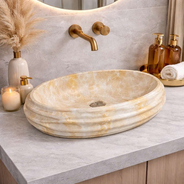 Glossy Marble Oval Countertop Wash Basin | (22" × 14.5" × 6.1" IN)