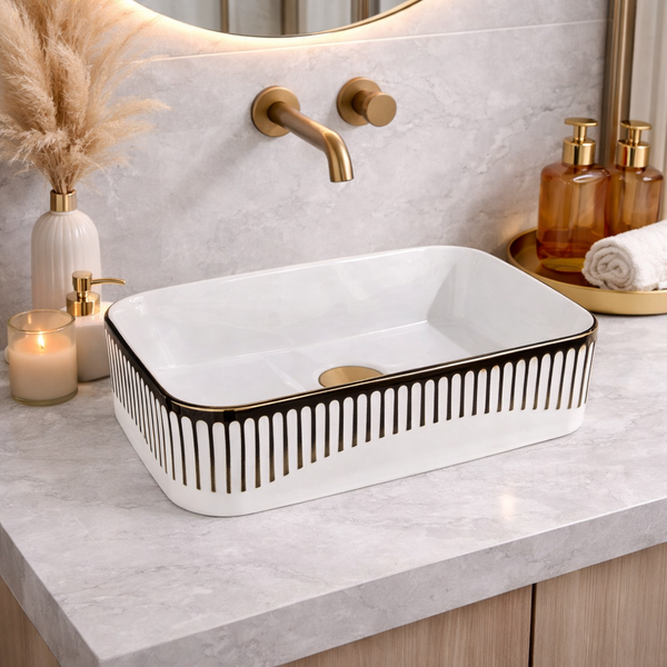 Glossy Black Rectangular Countertop Wash Basin with Gold Pattern – (20" × 13" × 5.5" IN) White