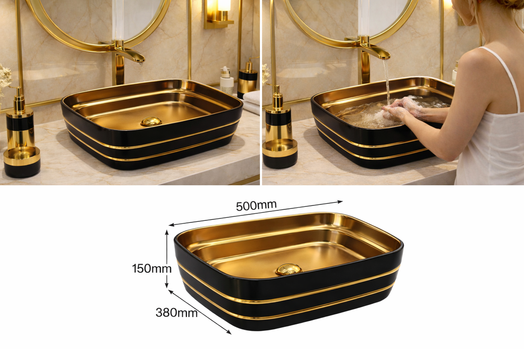 Luxury Rectangular Table Top Wash Basin | Matte Black & Gold Designer Finish (20″ × 15″ × 6″ IN)