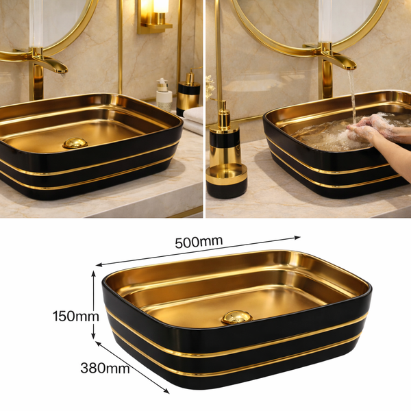 Luxury Rectangular Table Top Wash Basin | Matte Black & Gold Designer Finish (20″ × 15″ × 6″ IN)