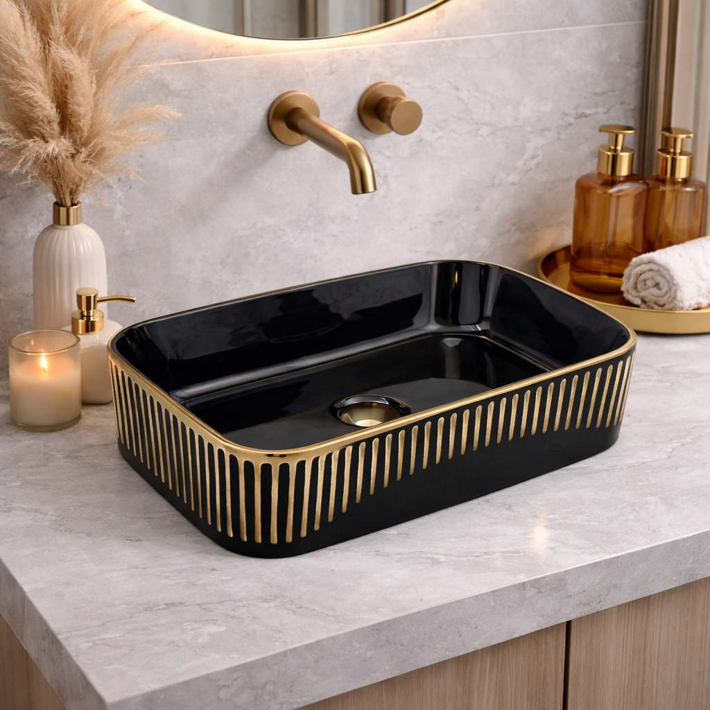 Glossy Black Rectangular Countertop Wash Basin with Gold Pattern – (20 ...