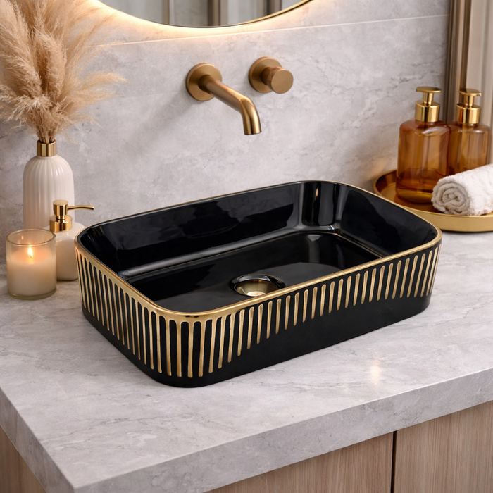 Glossy Black Rectangular Countertop Wash Basin with Gold Pattern – (20" × 13" × 5.5" IN) Black