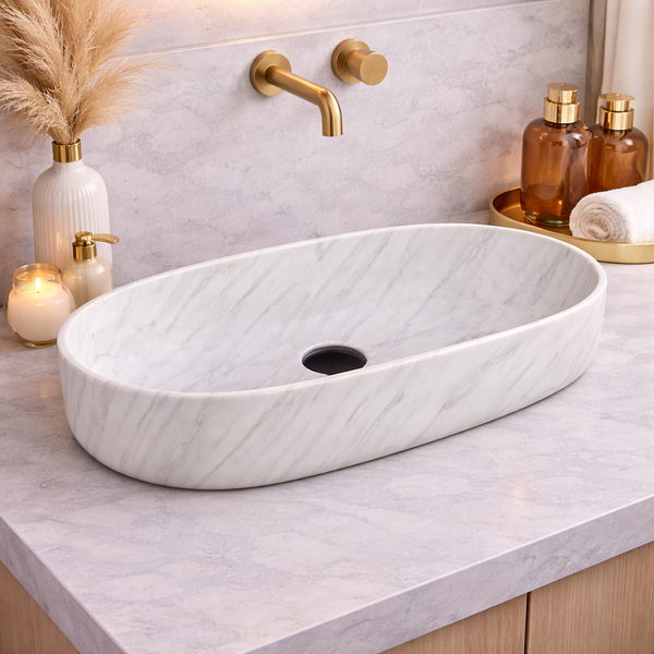 Glossy Marble Oval Countertop Wash Basin | (27" × 14" × 6" IN) Designer Bathroom Sink White