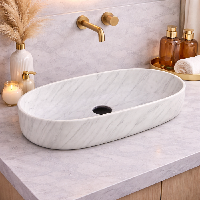 Glossy Marble Oval Countertop Wash Basin | (27" × 14" × 6" IN) Designer Bathroom Sink
