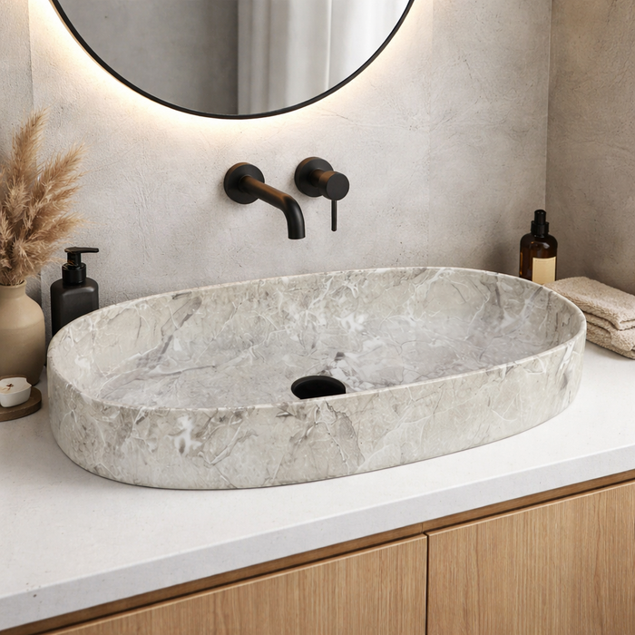 Glossy Marble Oval Countertop Wash Basin | (27" × 14" × 6" IN) Designer Bathroom Sink