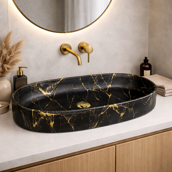 Glossy Marble Oval Countertop Wash Basin | (27" × 14" × 6" IN) Designer Bathroom Sink Black