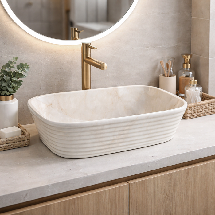 Modern Marble finish Countertop Wash Basin | (20" × 15"× 6" IN) Designer Bathroom Sink