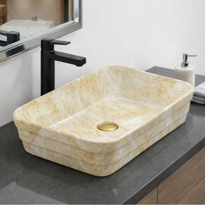 Glossy Marble Finish Rectangular Countertop Bathroom Sink Wash Basin (20" × 14" × 5" IN)