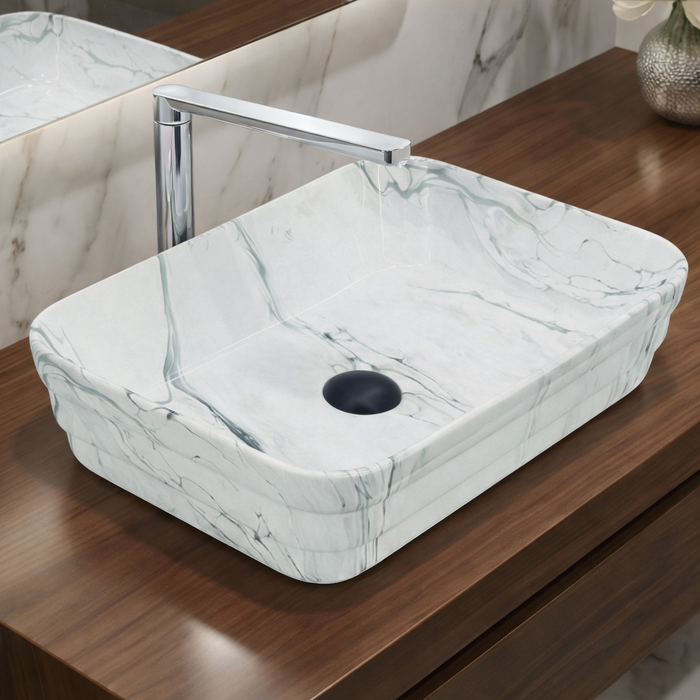 Glossy Marble Finish Rectangular Countertop Bathroom Sink Wash Basin (20" × 14" × 5" IN)