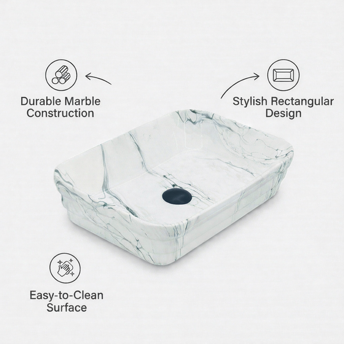 Glossy Marble Finish Rectangular Countertop Bathroom Sink Wash Basin (20" × 14" × 5" IN)