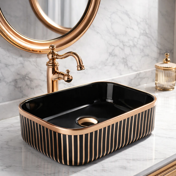 Luxury Black & Gold/Rose Gold Countertop Wash Basin | Designer Table Top Basin (16" × 12" × 6" IN)