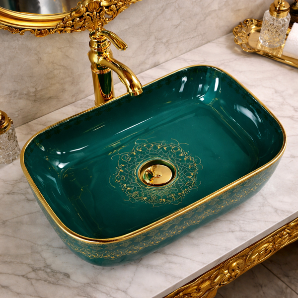Green & Gold Designer Countertop Wash Basin | 18 × 13 × 5 Inch Luxury Bathroom Basin
