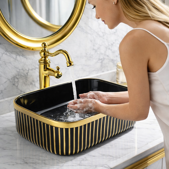 Luxury Black & Gold/Rose Gold Countertop Wash Basin | Designer Table Top Basin (16" × 12" × 6" IN)