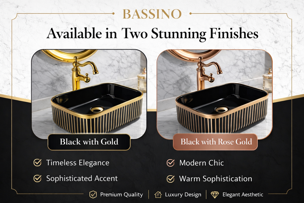 Luxury Black & Gold/Rose Gold Countertop Wash Basin | Designer Table Top Basin (16" × 12" × 6" IN)