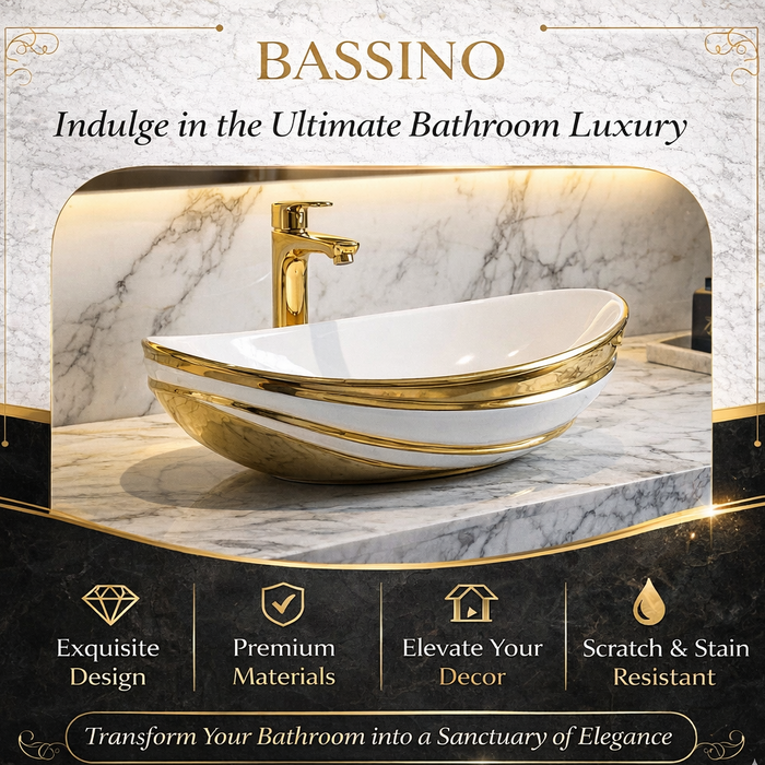 Luxury Gold Detailing Countertop Wash Basin | Designer Table Top Bathroom Basin (24" × 14" × 6" IN)