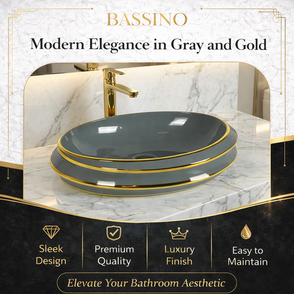 Luxury Grey & Gold Countertop Wash Basin | Modern Designer Table Top Basin (24" × 16" × 6" IN)
