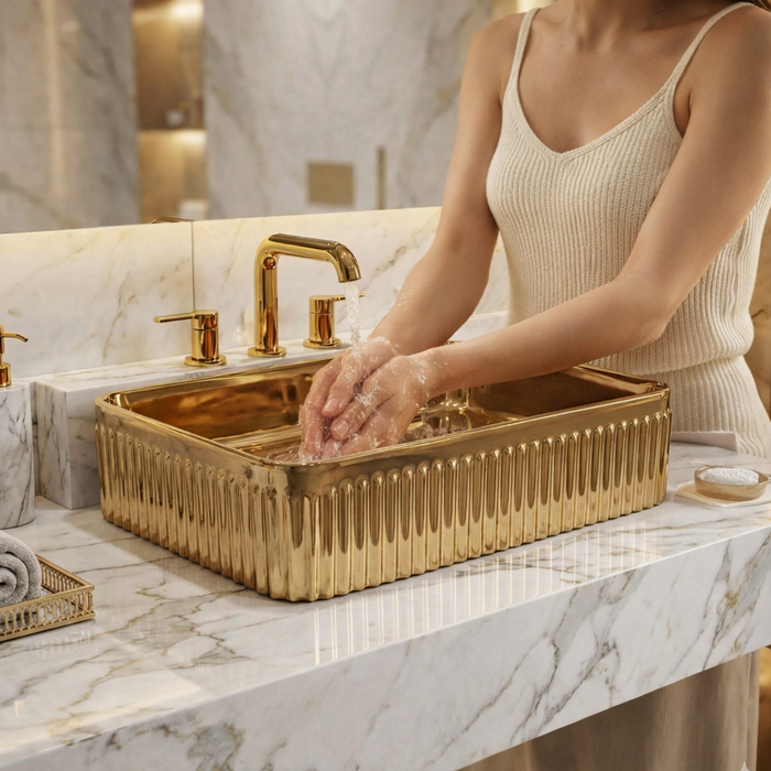 Luxury Rose Gold Countertop Wash Basin | Designer Rectangular Table Top Basin | (19" × 13" × 4" In)