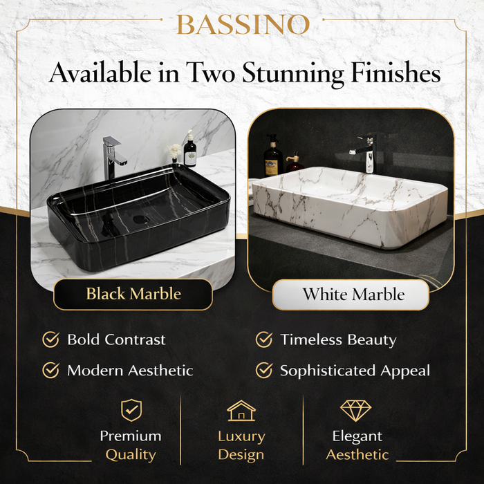 Luxury Glossy Marble Countertop Wash Basin | Designer Rectangular Table Top Basin | (30" × 16" × 6" IN)