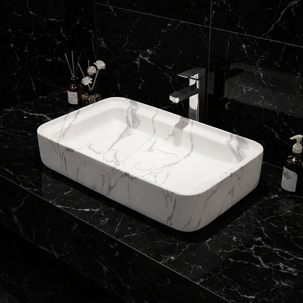 Luxury Matt Marble Countertop Wash Basin | Designer Rectangular Table Top Basin |  (30" × 16" × 6" IN) White