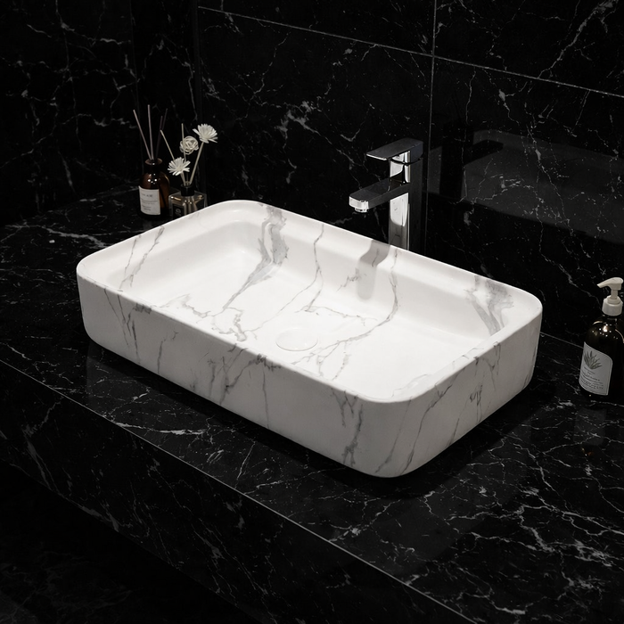 Luxury Matt Marble Countertop Wash Basin | Designer Rectangular Table Top Basin |  (30" × 16" × 6" IN)