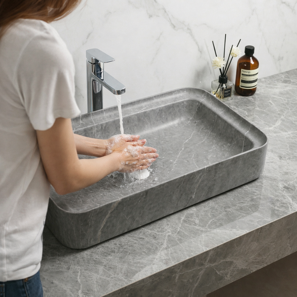 Luxury Matt Marble Countertop Wash Basin | Designer Rectangular Table Top Basin |  (30" × 16" × 6" IN) Grey