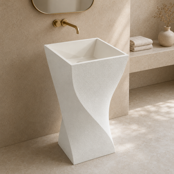 Twisted Architectural Form | Matt Ivory Elegance Artificial Stone Pedestal Basin 16.5″ × 16.5″ × 34″ In