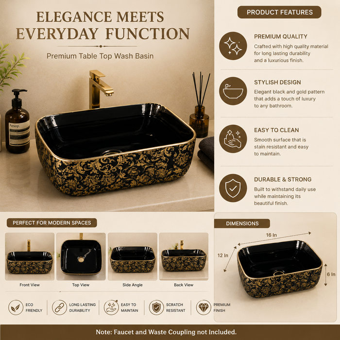 Premium Designer Table top/Counter top Wash Basin/Vessel sink (16x12x6 In)