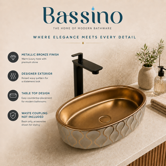 Premium Designer Ceramic Table Top Wash Basin, Dark Khakhi-Rose Gold Matt (20 x 12.5 x 5.5 In) ZXTT/761