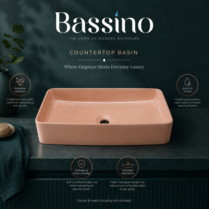 Bassino 24" Matte Pink Ceramic Countertop Wash Basin – Modern Rectangular Vessel Sink (24" x 14" x 5")