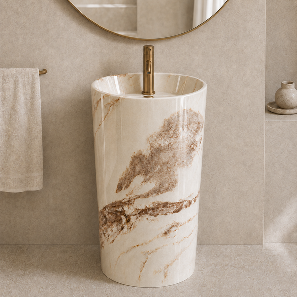 Bassino 15″ Round Ivory Marble-Effect Ceramic Pedestal Wash Basin – Glossy Finish (15″ × 15″ × 33″)