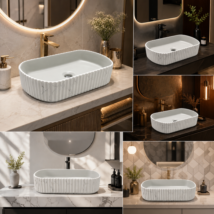 Dual Colour White Marble & Grey Fluted Ceramic Table Top Wash Basin – Luxury Countertop Vessel Sink (20" x 12" x 4.5")