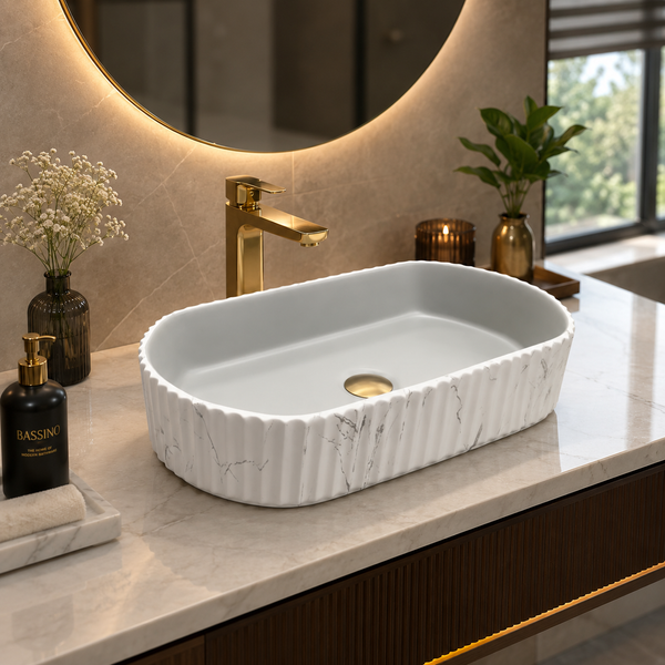 Dual Colour White Marble & Grey Fluted Ceramic Table Top Wash Basin – Luxury Countertop Vessel Sink (20" x 12" x 4.5")
