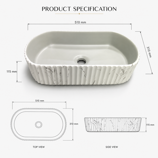 Dual Colour White Marble & Grey Fluted Ceramic Table Top Wash Basin – Luxury Countertop Vessel Sink (20" x 12" x 4.5")