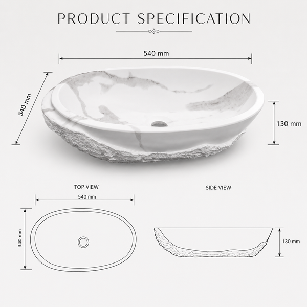 Bassino 21" White Marble Look Artificial Stone Table Top Wash Basin – Matte Oval Countertop Vessel Sink (21" x 13.5" x 5")