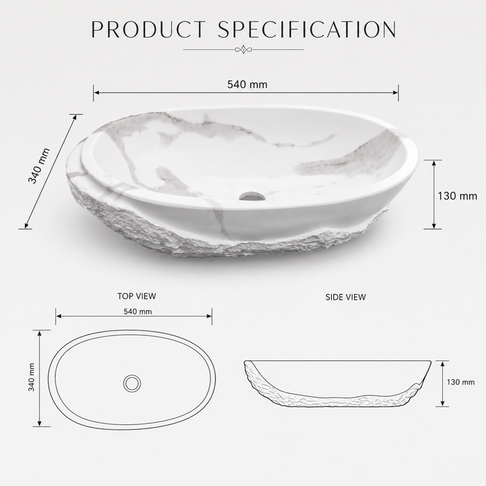 Bassino 21" White Marble Look Artificial Stone Table Top Wash Basin – Matte Oval Countertop Vessel Sink (21" x 13.5" x 5")