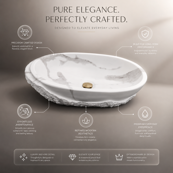 Bassino 21" White Marble Look Artificial Stone Table Top Wash Basin – Matte Oval Countertop Vessel Sink (21" x 13.5" x 5")