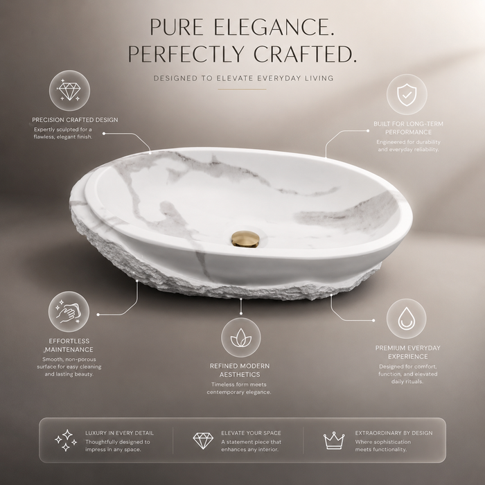 Bassino 21" White Marble Look Artificial Stone Table Top Wash Basin – Matte Oval Countertop Vessel Sink (21" x 13.5" x 5")