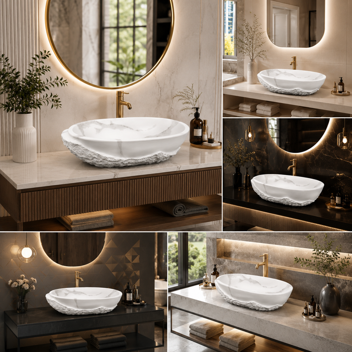 Bassino 21" White Marble Look Artificial Stone Table Top Wash Basin – Matte Oval Countertop Vessel Sink (21" x 13.5" x 5")