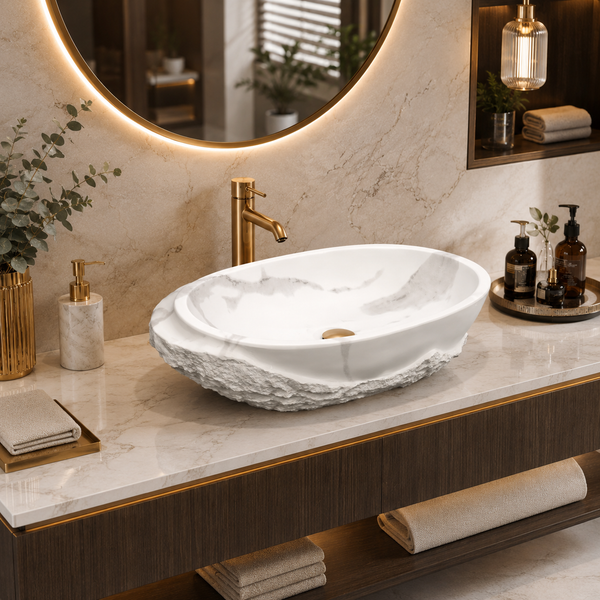 Bassino 21" White Marble Look Artificial Stone Table Top Wash Basin – Matte Oval Countertop Vessel Sink (21" x 13.5" x 5")