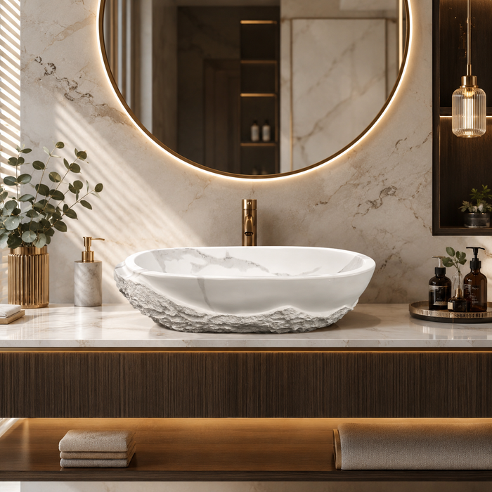 Bassino 21" White Marble Look Artificial Stone Table Top Wash Basin – Matte Oval Countertop Vessel Sink (21" x 13.5" x 5")