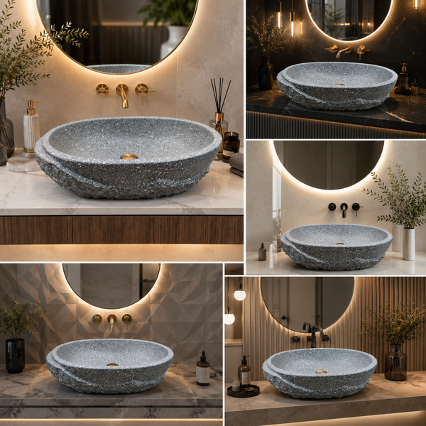 Grey Terrazzo Artificial Stone Table Top Wash Basin – Matte Oval Countertop Vessel Sink (21" x 13.5" x 5")